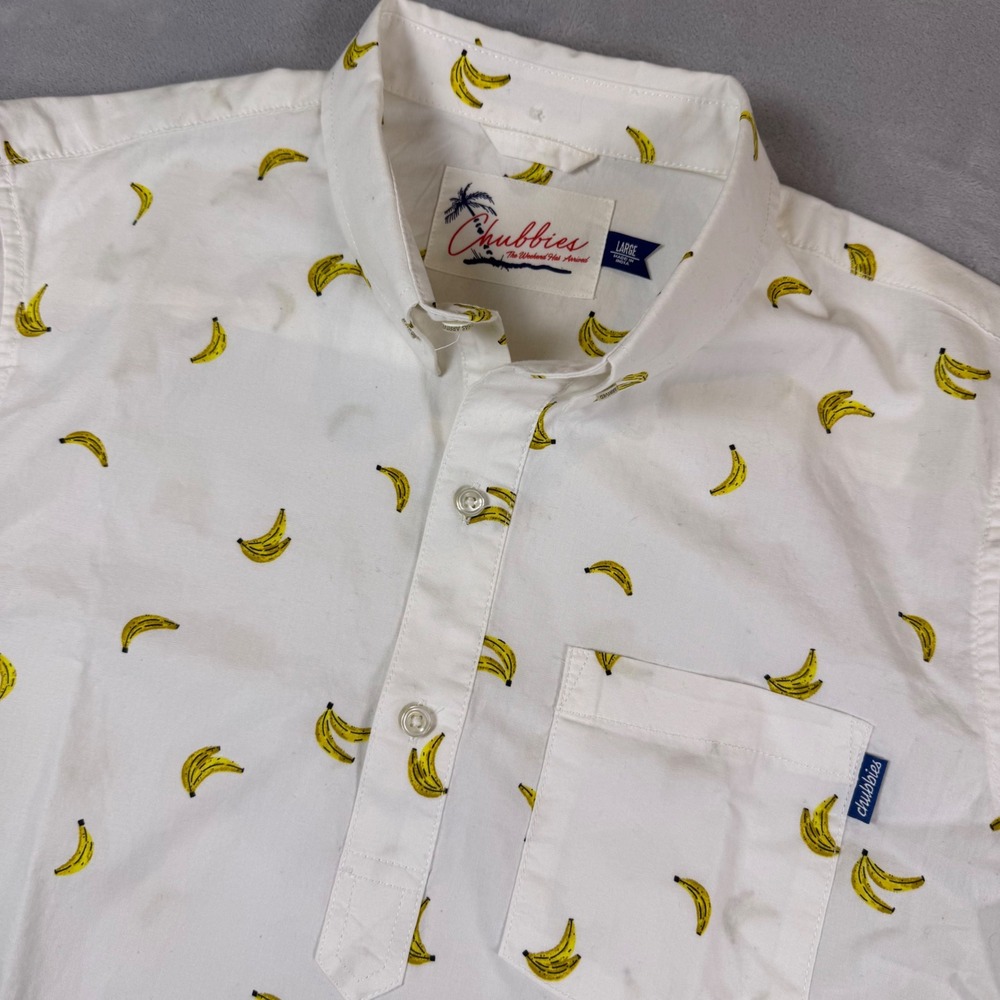 Chubbies Mens Banana Print Short Sleeve Button Down Pullover Shirt White Large